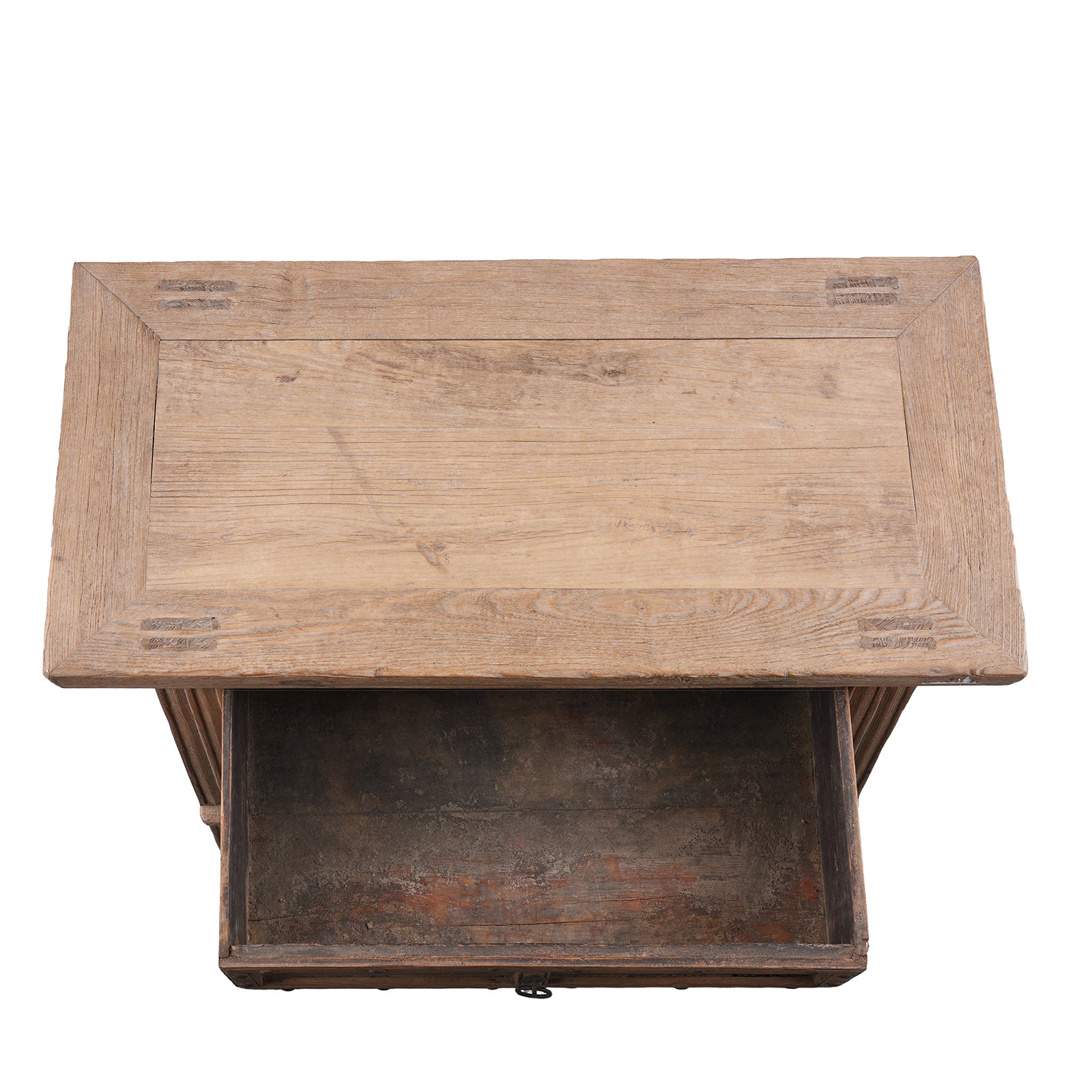 Top Down View And Drawer Interior From Bleached Elm Wood Cabinet From Shanxi China With Three Drawers And Lower Cupboard Featuring Iron Ring Pulls And Stud Detailing 19Th Century