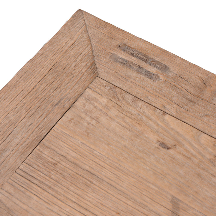 Top Corner Detail From Bleached Elm Wood Cabinet From Shanxi China With Three Drawers And Lower Cupboard Featuring Iron Ring Pulls And Stud Detailing 19Th Century