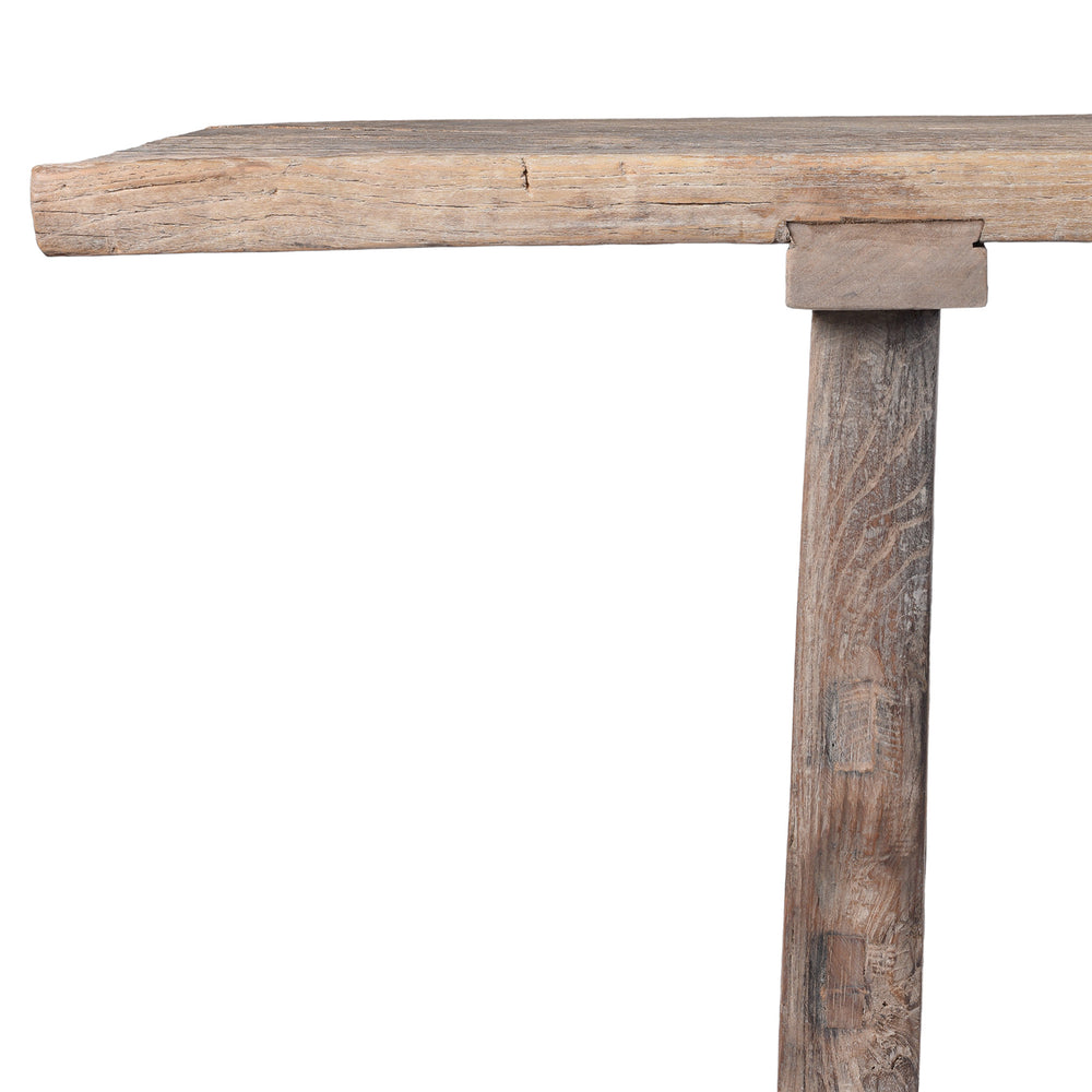 Corner Detail From Antique 19th Century Henan Elm Farmhouse Coffee Table With Bleached Finish And Rustic Patina