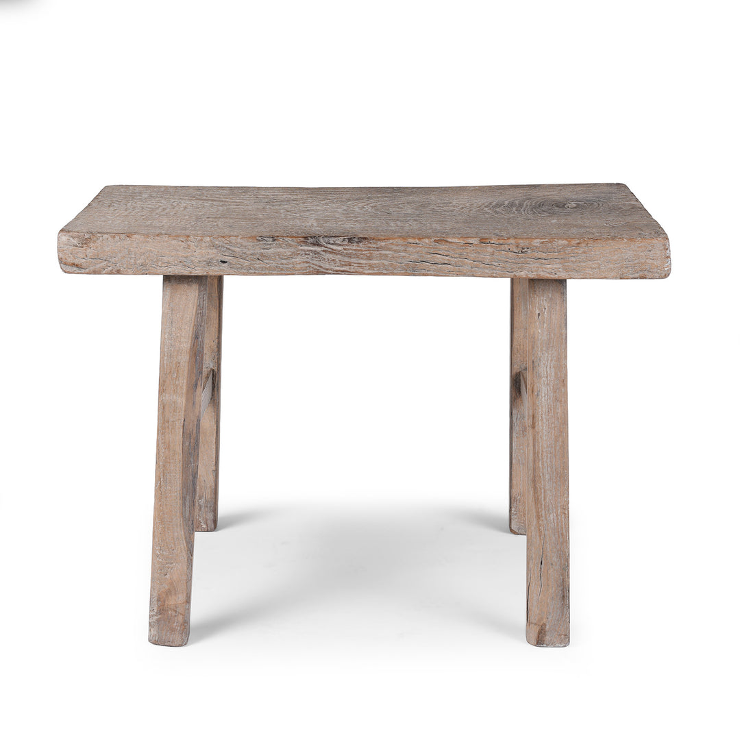 Antique 19th Century Henan Bleached Elm Farmers Stool With Thick Plank Seat And Rustic Patina