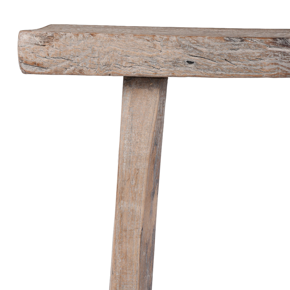 Corner Detail From Antique 19th Century Henan Bleached Elm Farmers Stool With Thick Plank Seat And Rustic Patina