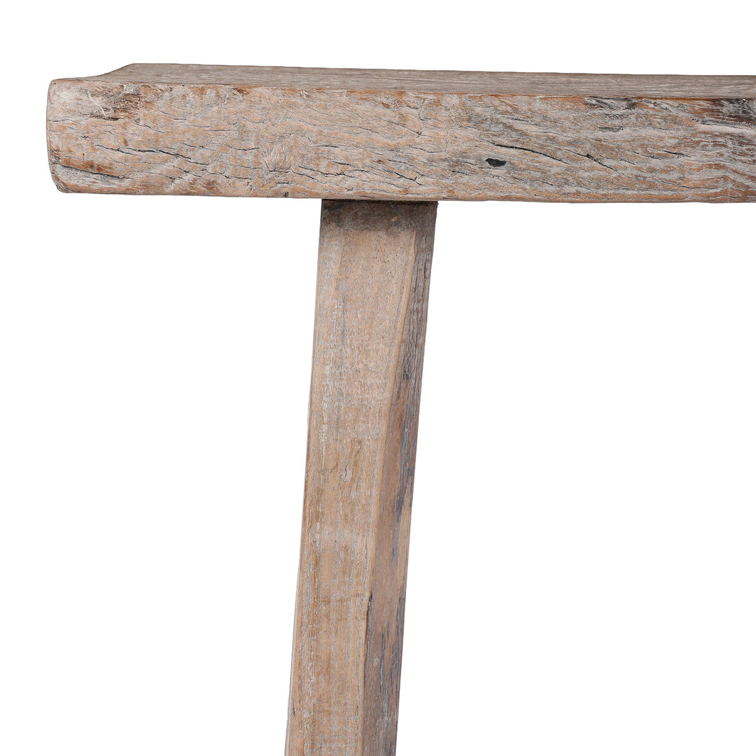 Corner Detail From Antique 19th Century Henan Bleached Elm Farmers Stool With Thick Plank Seat And Rustic Patina