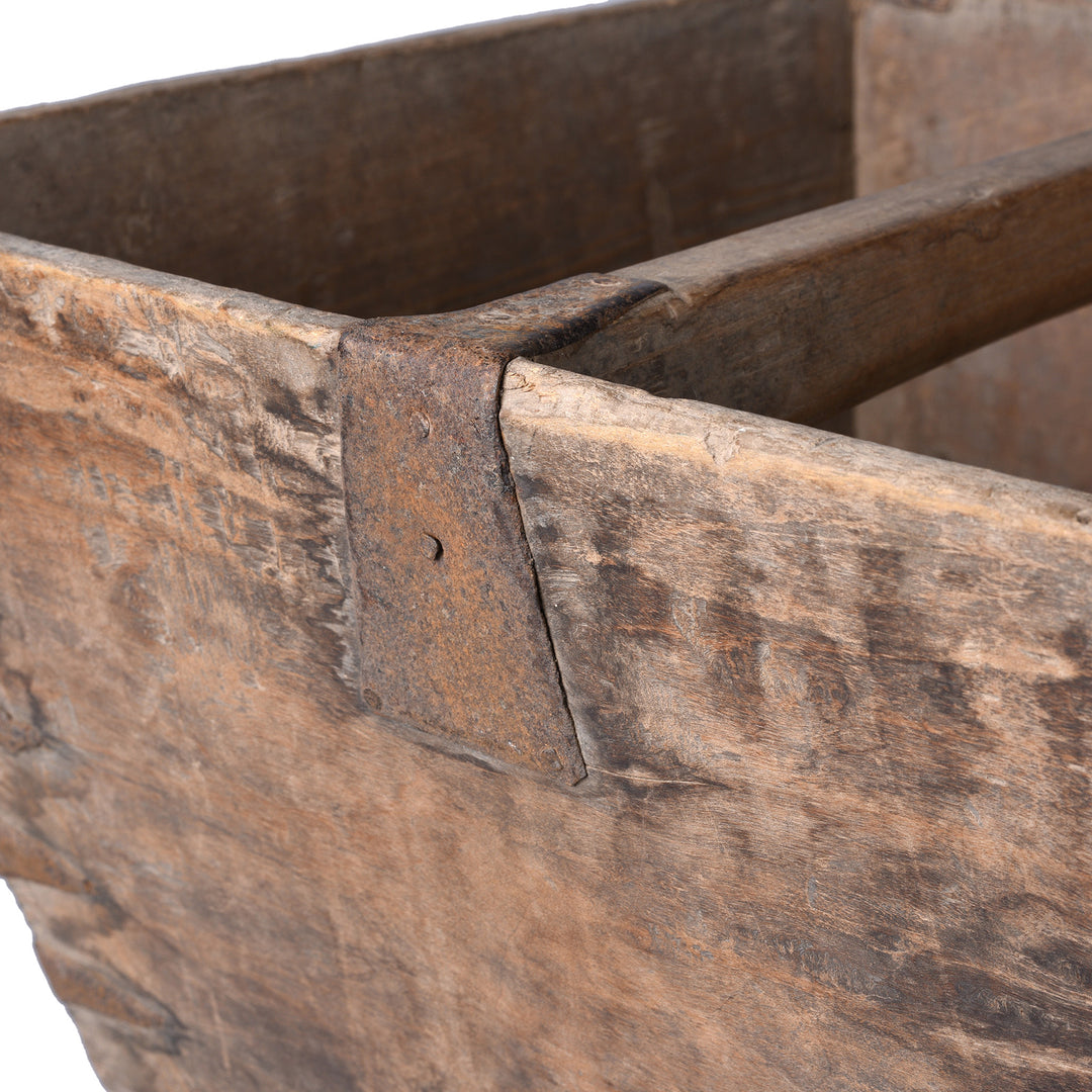 Handle Detail From Antique Chinese Wooden Market Trug With Central Handle And Rustic Patina