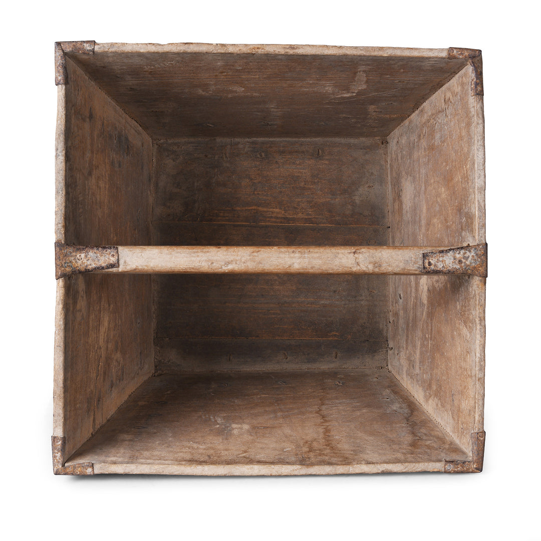 Interior of Antique Chinese Wooden Market Trug With Central Handle And Rustic Patina