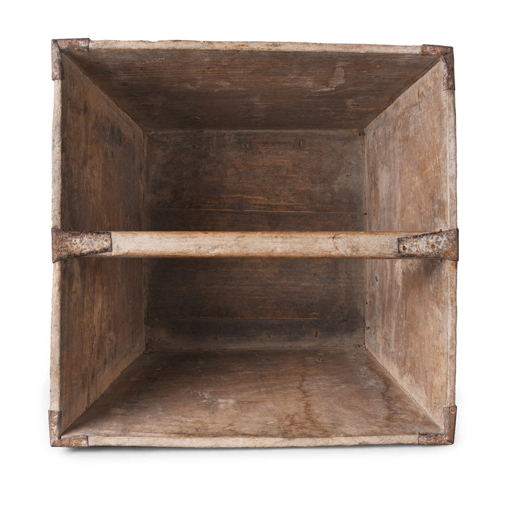 Interior of Antique Chinese Wooden Market Trug With Central Handle And Rustic Patina