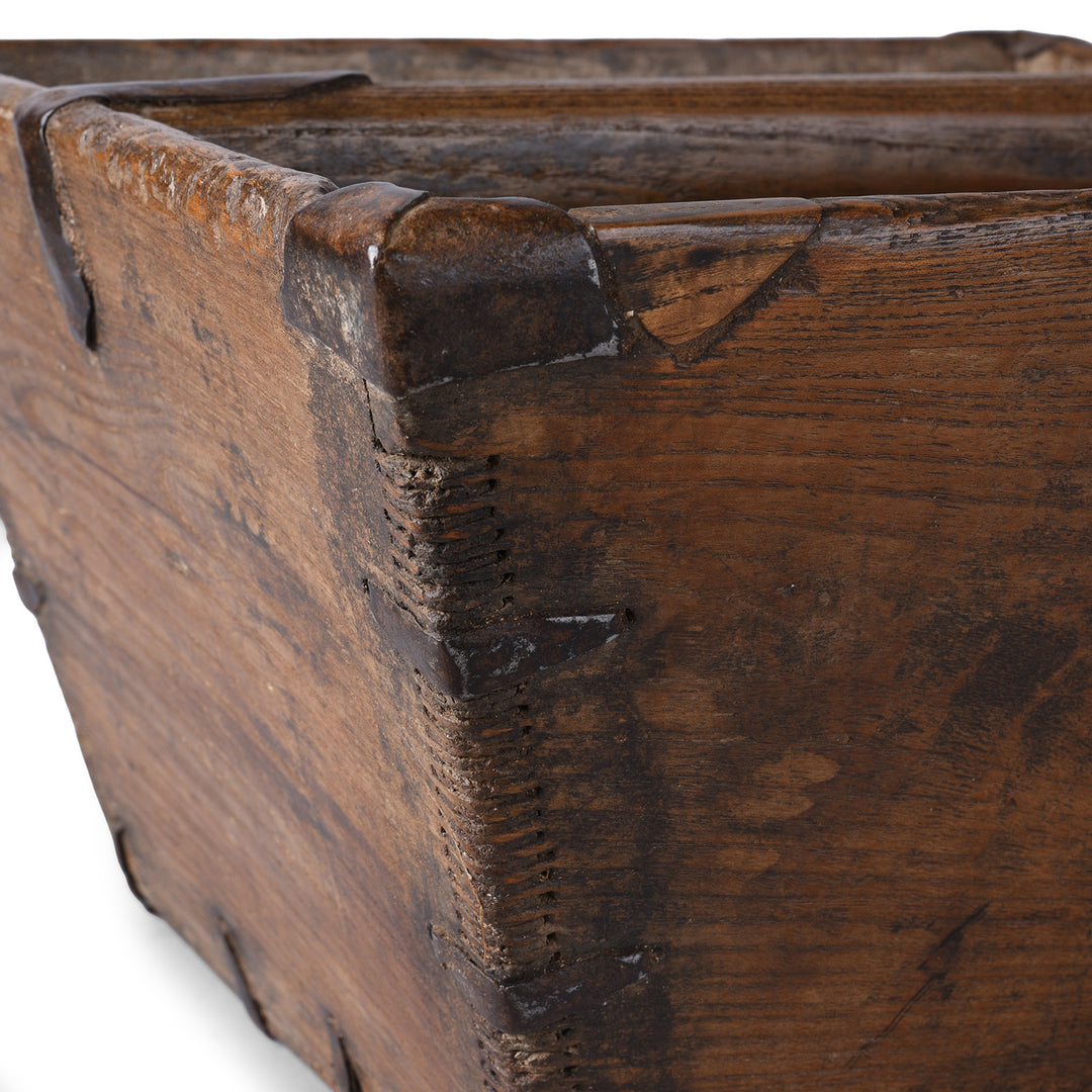 Binding Detail From Antique Poplar Wood Market Trug With Handle And Rustic Patina