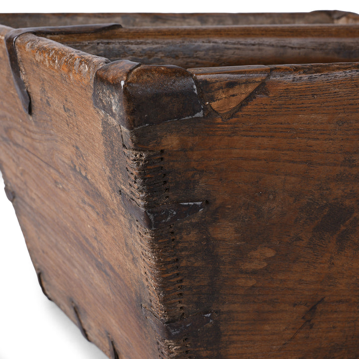 Binding Detail From Antique Poplar Wood Market Trug With Handle And Rustic Patina