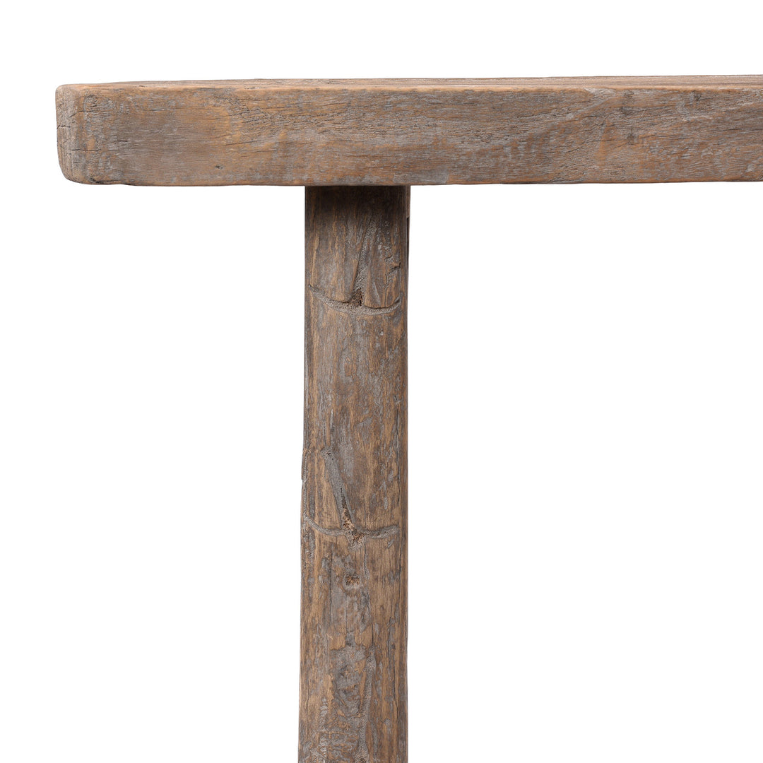 Corner View Of Bleached Elm Stool From Henan With Rustic Tapered Legs And Weathered Finish