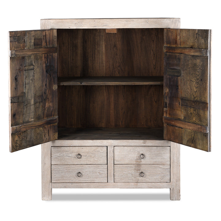 Interior View Of Reclaimed Chinese Elm Cabinet With Two Panelled Doors And Four Lower Drawers Crafted From Antique Door Wood