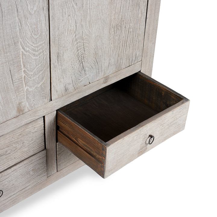 Drawer Detail From Reclaimed Chinese Elm Cabinet With Two Panelled Doors And Four Lower Drawers Crafted From Antique Door Wood