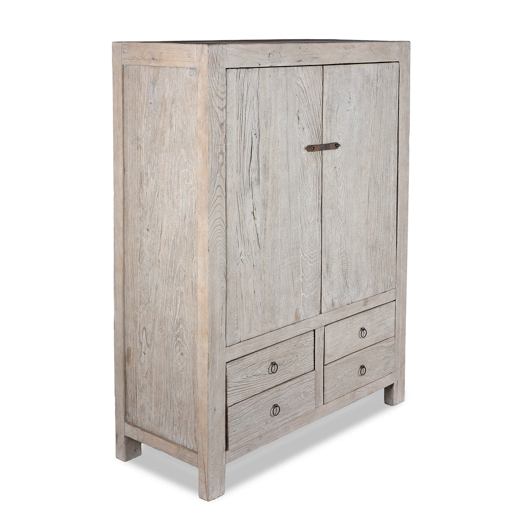 Angled View Of Reclaimed Chinese Elm Cabinet With Two Panelled Doors And Four Lower Drawers Crafted From Antique Door Wood