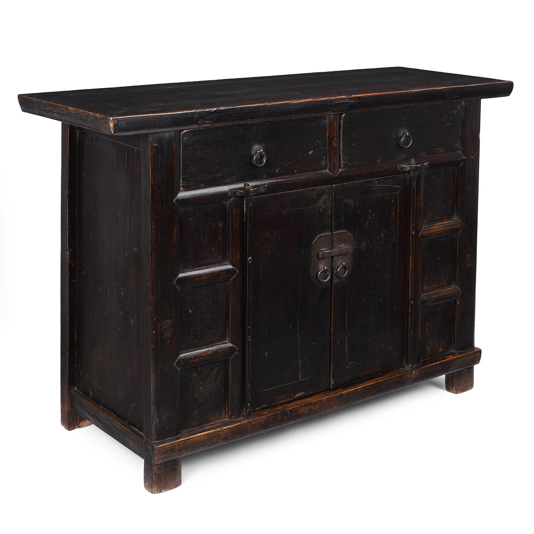 Angled View Of Antique Chinese Black Lacquer 2 Drawer Cabinet  | Indigo Antiques