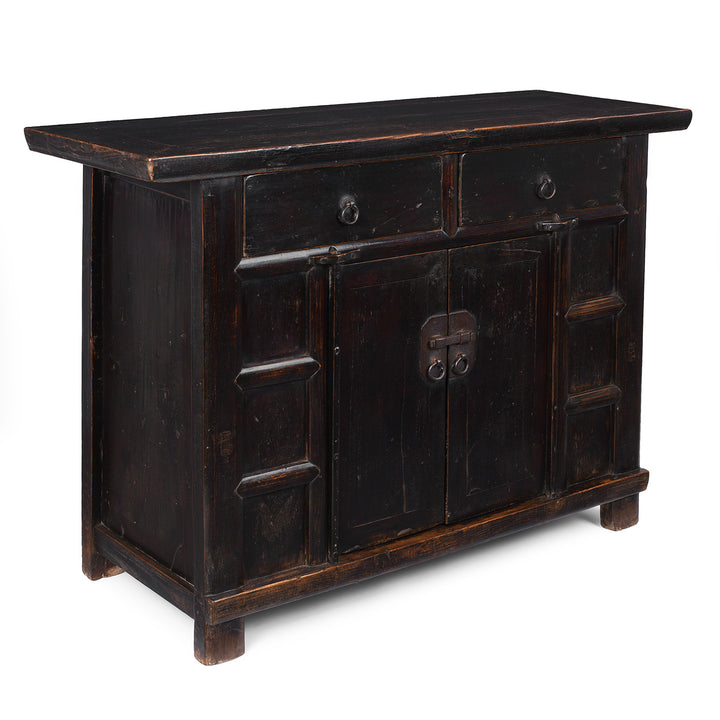 Angled View Of Antique Chinese Black Lacquer 2 Drawer Cabinet  | Indigo Antiques