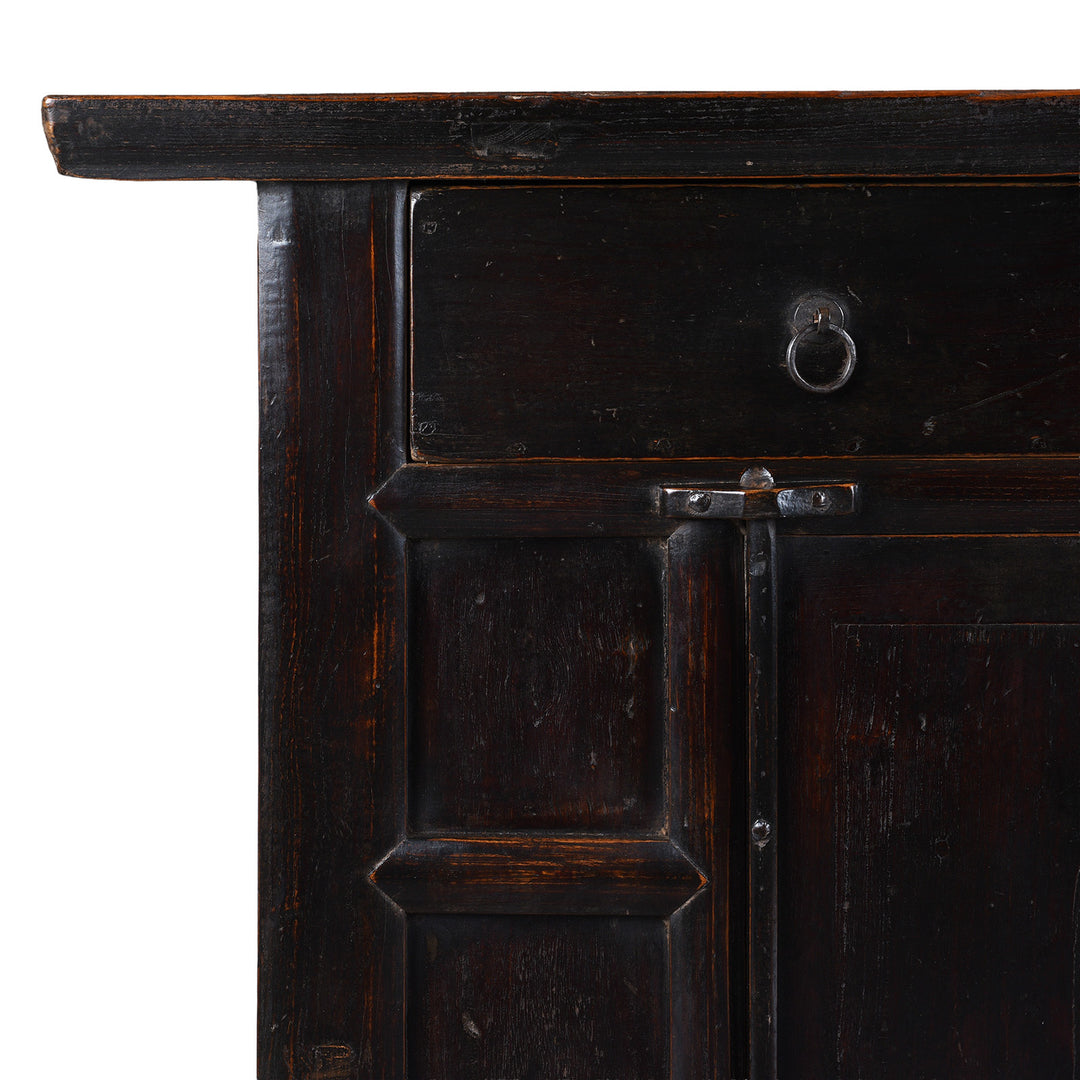 Corner Detail From Antique Chinese Black Lacquer 2 Drawer Cabinet  | Indigo Antiques