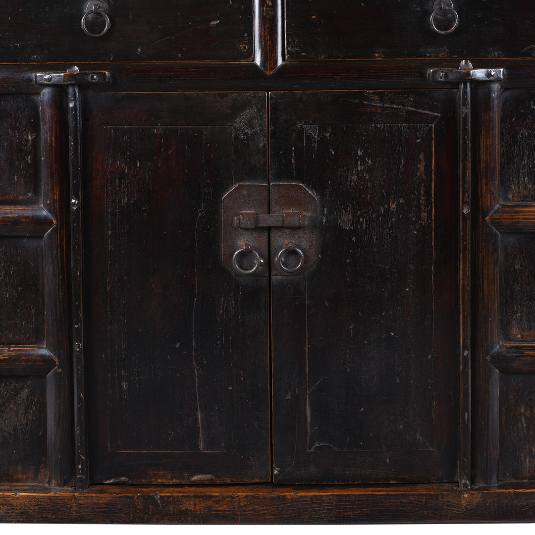 Doors Detail From Antique Chinese Black Lacquer 2 Drawer Cabinet  | Indigo Antiques