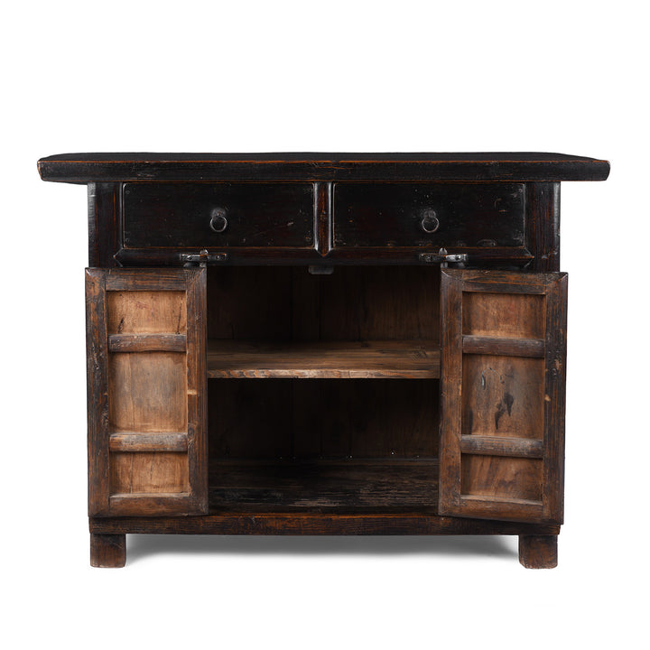 Interior Of Antique Chinese Black Lacquer 2 Drawer Cabinet  | Indigo Antiques