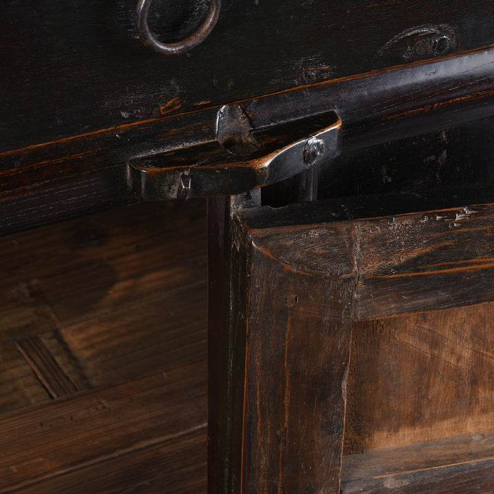 Hinge detail From Antique Chinese Black Lacquer 2 Drawer Cabinet  | Indigo Antiques