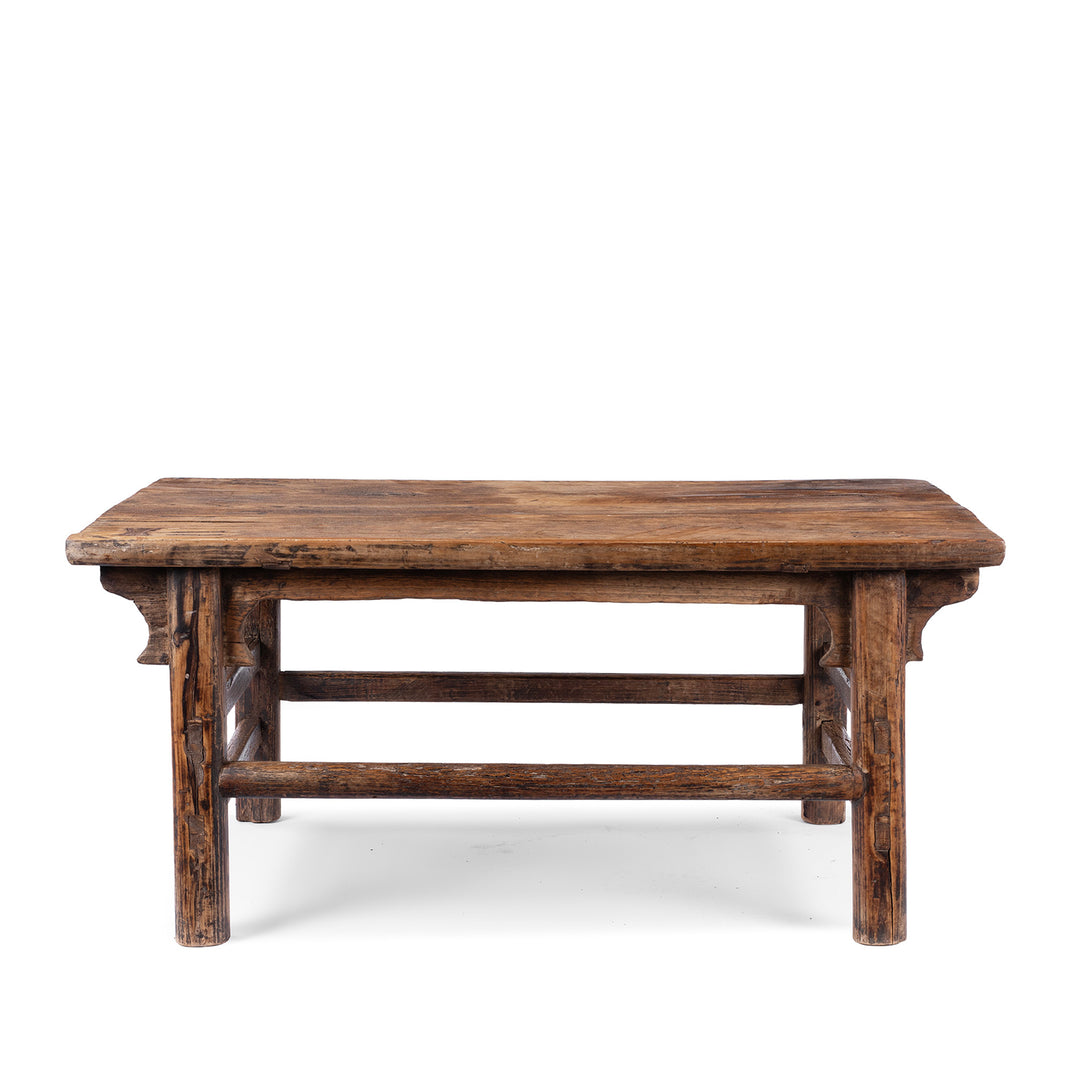 Antique circa 1910 Chinese walnut farmhouse coffee table from Henan with thick plank top, traditional mortise-and-tenon joinery and rich aged patina.