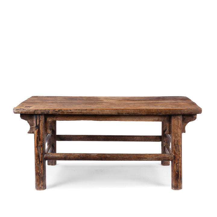 Antique circa 1910 Chinese walnut farmhouse coffee table from Henan with thick plank top, traditional mortise-and-tenon joinery and rich aged patina.