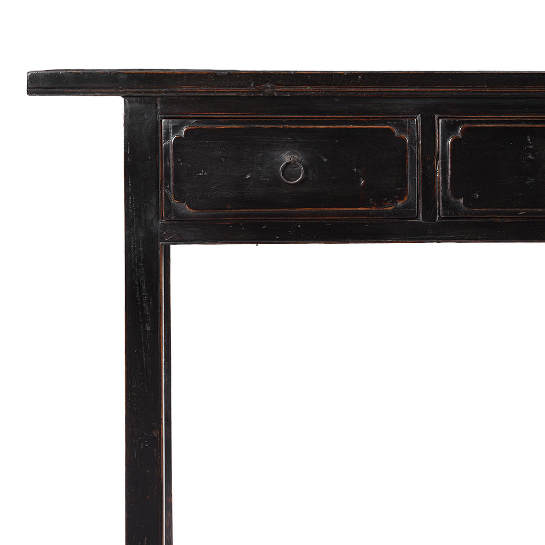 Corner Detail From Late 19th Century Black Lacquer Elm Console Table From Shanxi With Four Drawers