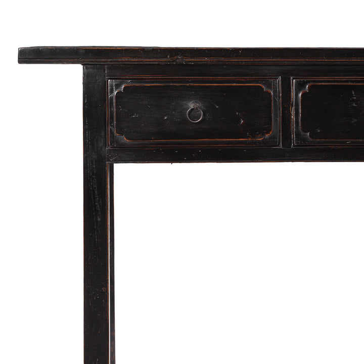 Corner Detail From Late 19th Century Black Lacquer Elm Console Table From Shanxi With Four Drawers