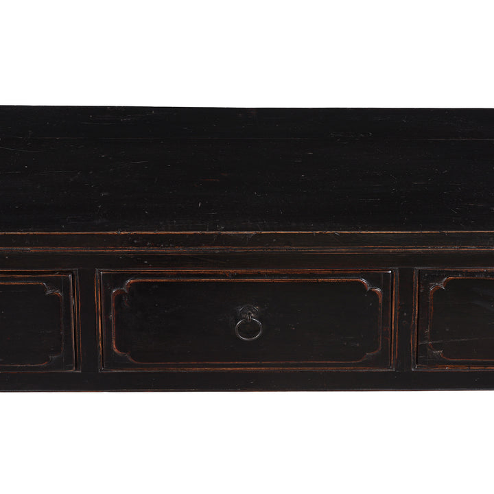 Table Top Detail From Late 19th Century Black Lacquer Elm Console Table From Shanxi With Four Drawers