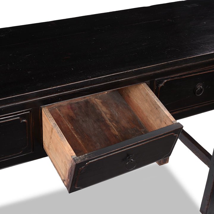 Drawer Detail From Late 19th Century Black Lacquer Elm Console Table From Shanxi With Four Drawers