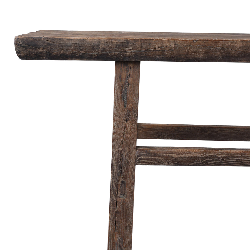 Corner Detail From Late 19th Century Chinese Walnut And Elm Farmhouse Console Table From Henan With Long Narrow Top | Indigo Antiques