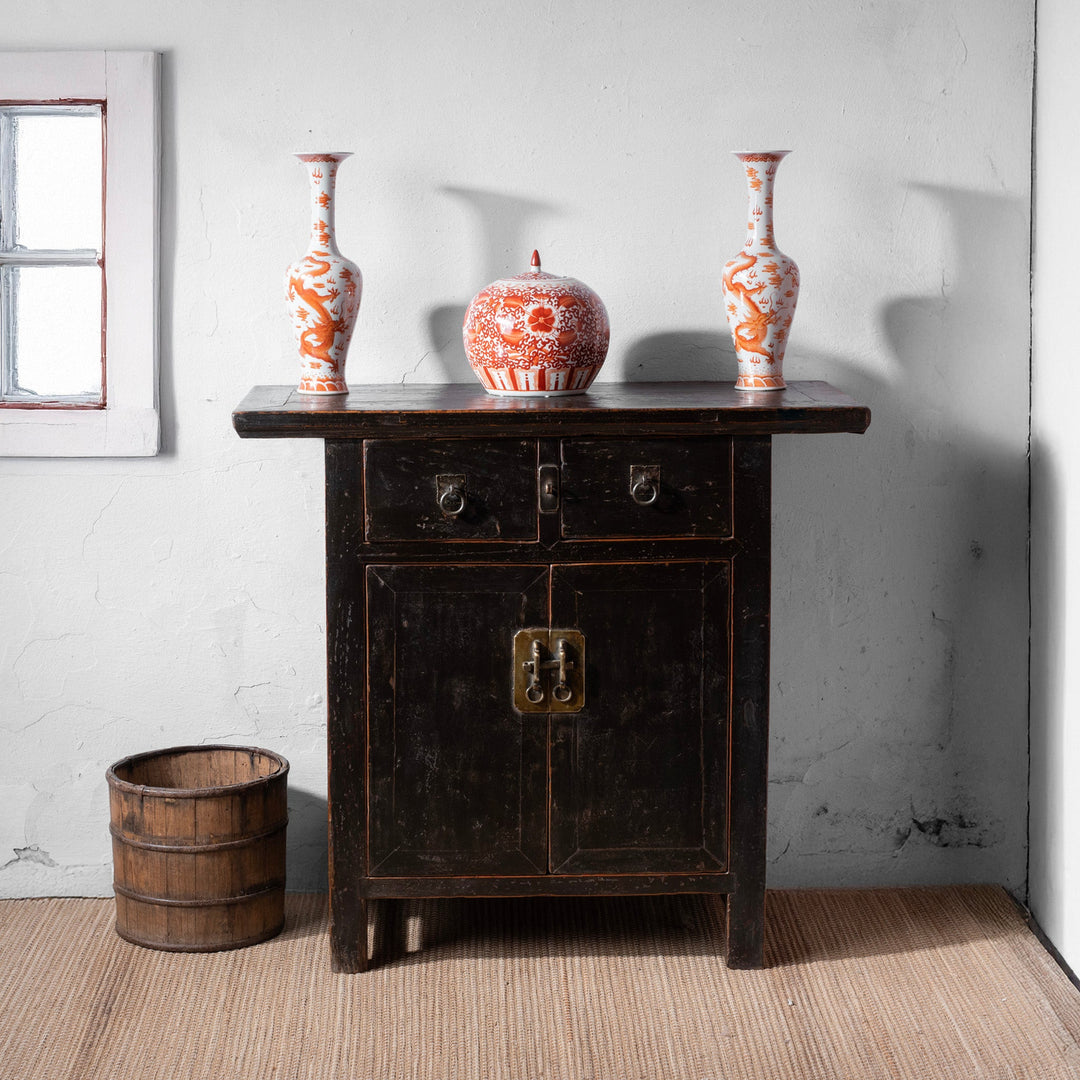 Antique Shanxi Black Lacquer Country Cabinet With Drawers And Iron HardwareHardware