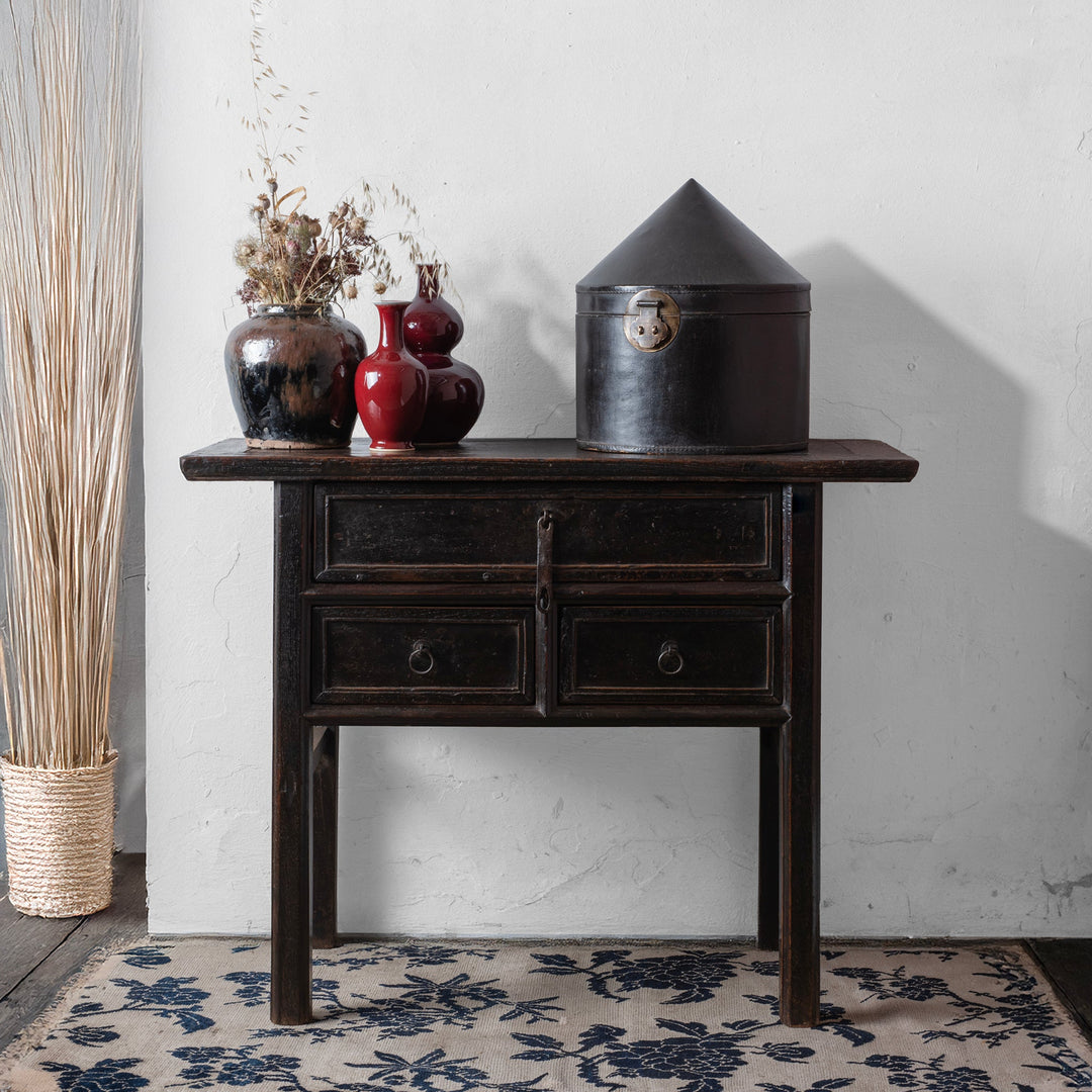 Black Lacquer Antique Chinese Half Table With Three Drawers And A Richly Patinated Finish