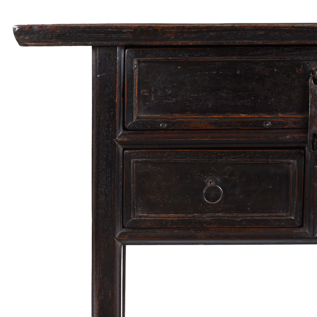 Detailed Corner View Of Hardware From Black Lacquer Antique Chinese Half Table With Three Drawers And A Richly Patinated Finish