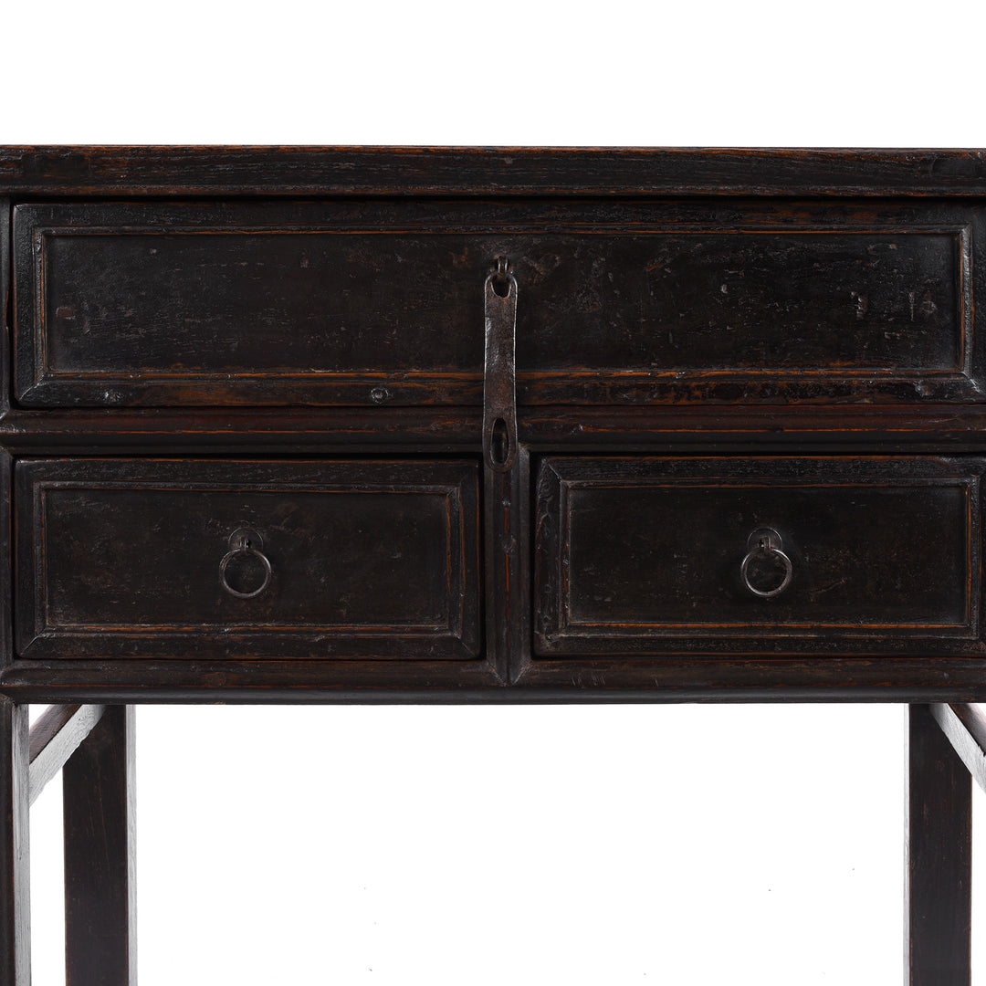 Detail Of Patina From Black Lacquer Antique Chinese Half Table With Three Drawers And A Richly Patinated Finish