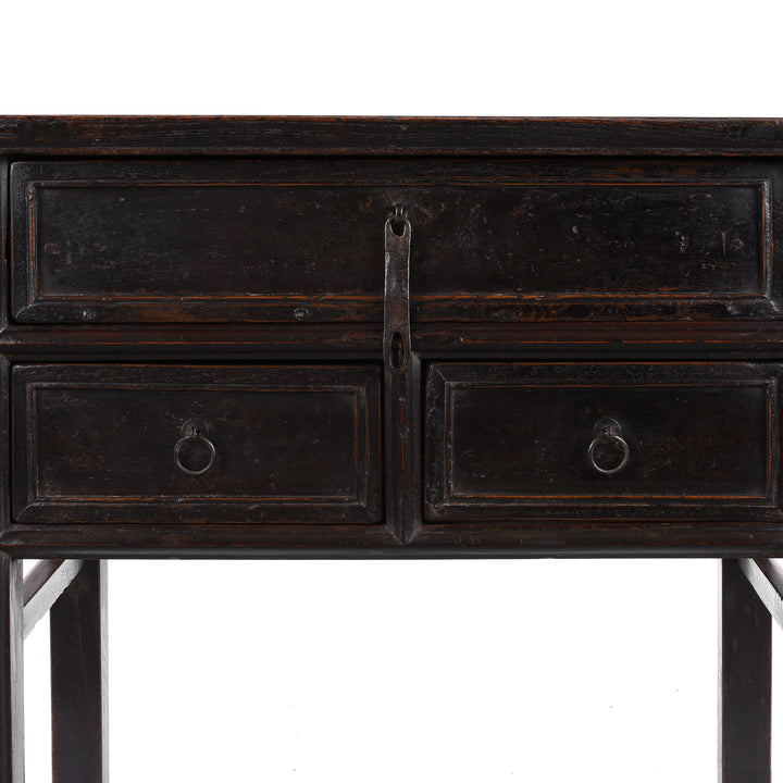 Detail Of Patina From Black Lacquer Antique Chinese Half Table With Three Drawers And A Richly Patinated Finish
