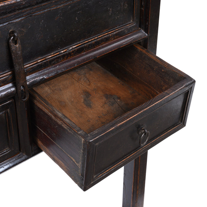 Open Drawer View Of Black Lacquer Antique Chinese Half Table With Three Drawers And A Richly Patinated Finish