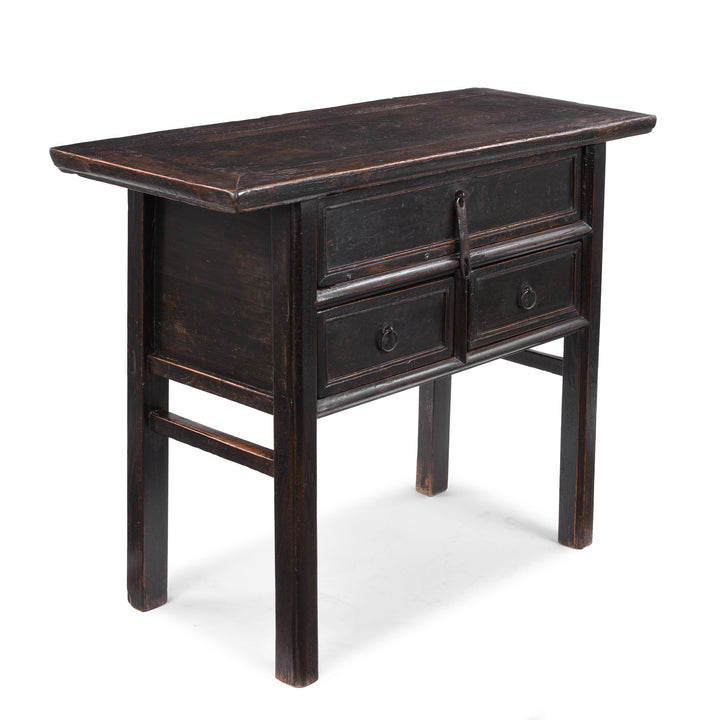Angled View Of Black Lacquer Antique Chinese Half Table With Three Drawers And A Richly Patinated Finish