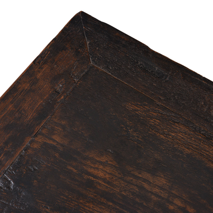 Top Down Corner View Of Black Lacquer Antique Chinese Half Table With Three Drawers And A Richly Patinated Finish