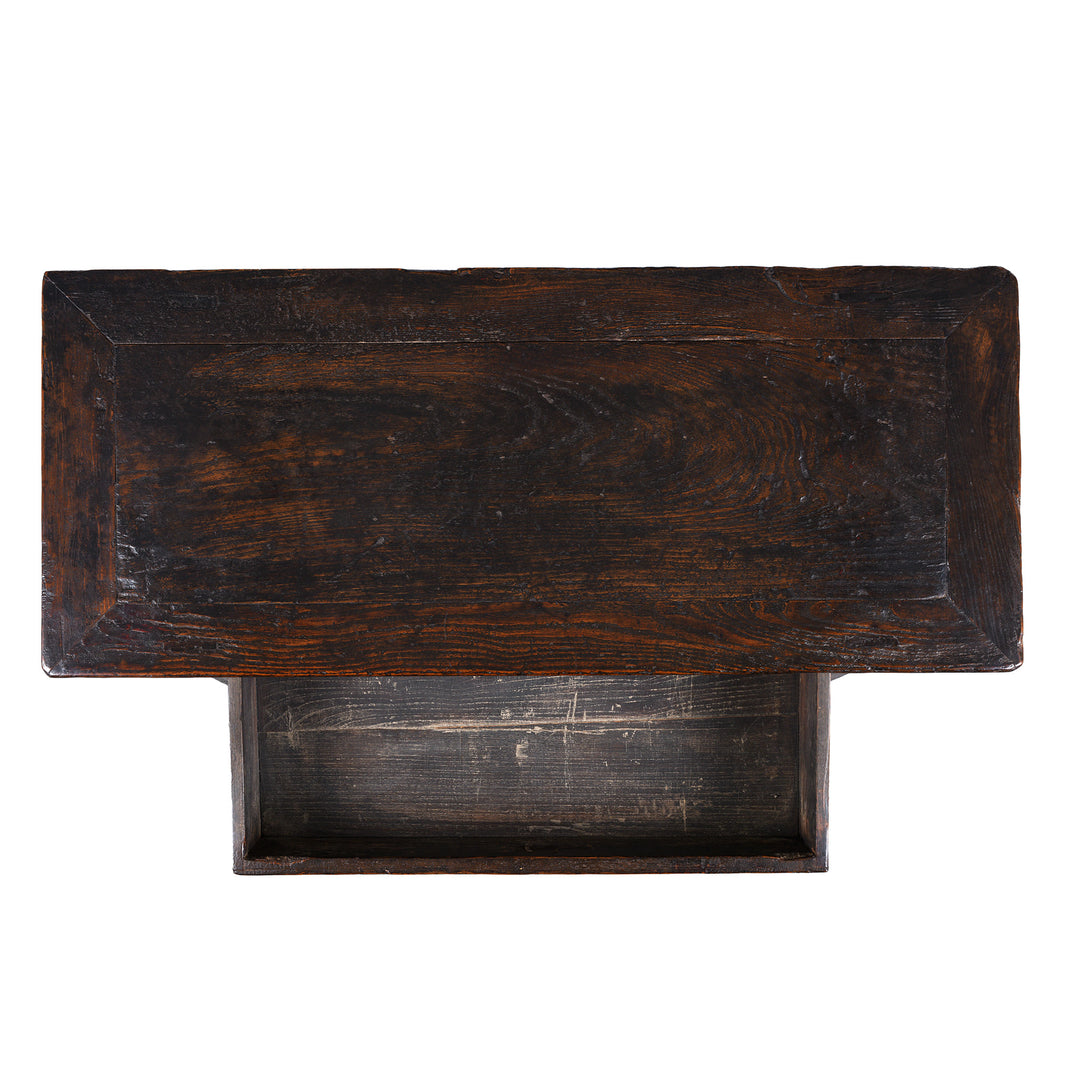 Top Down View Of Black Lacquer Antique Chinese Half Table With Three Drawers And A Richly Patinated Finish