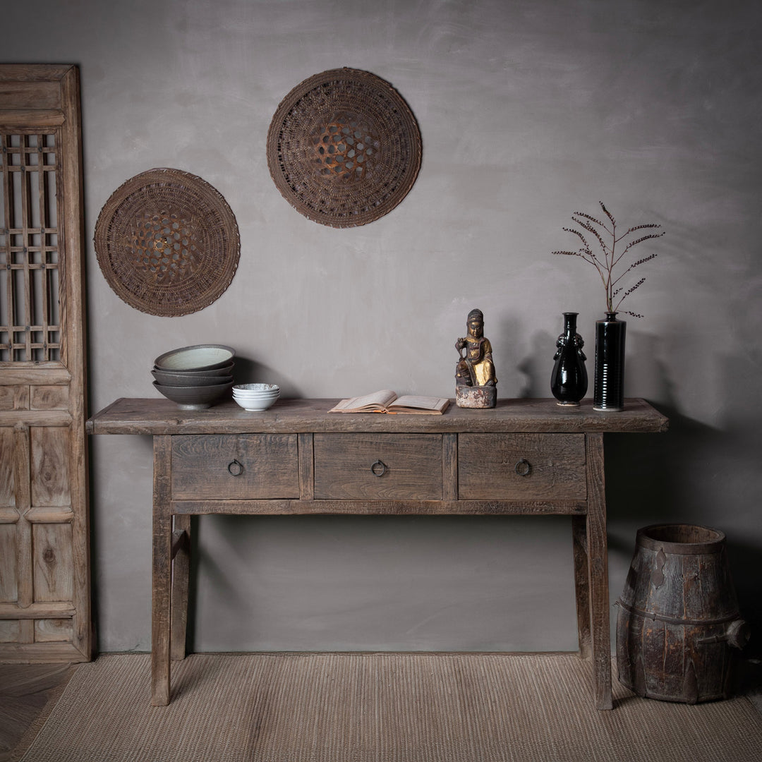 19th Century Catalpa Wood Console Table From Shanxi With Three Drawers And Single Plank Top
