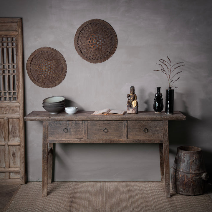 19th Century Catalpa Wood Console Table From Shanxi With Three Drawers And Single Plank Top