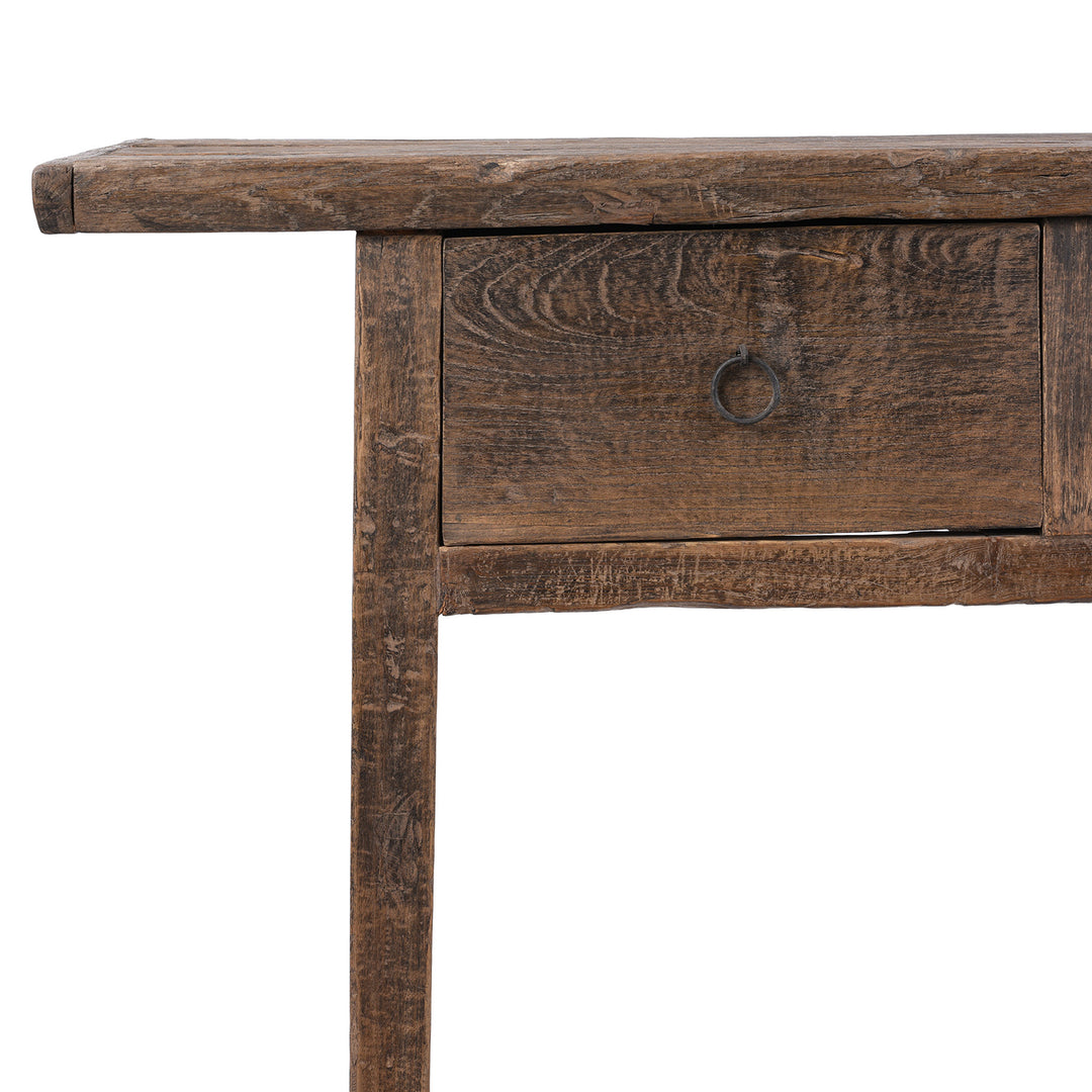 Corner Detail From 19th Century Catalpa Wood Console Table From Shanxi With Three Drawers And Single Plank Top