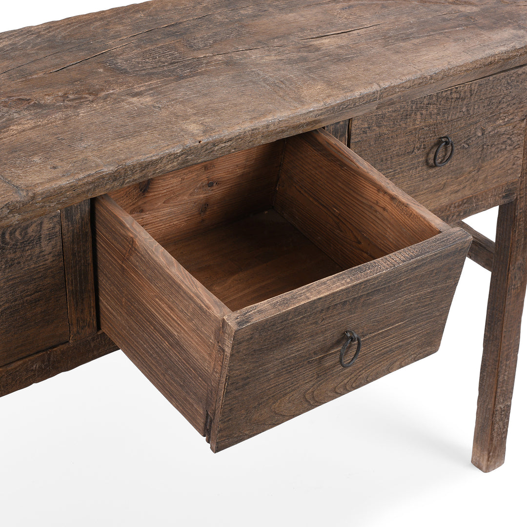Drawer Interior Detail From 19th Century Catalpa Wood Console Table From Shanxi With Three Drawers And Single Plank Top