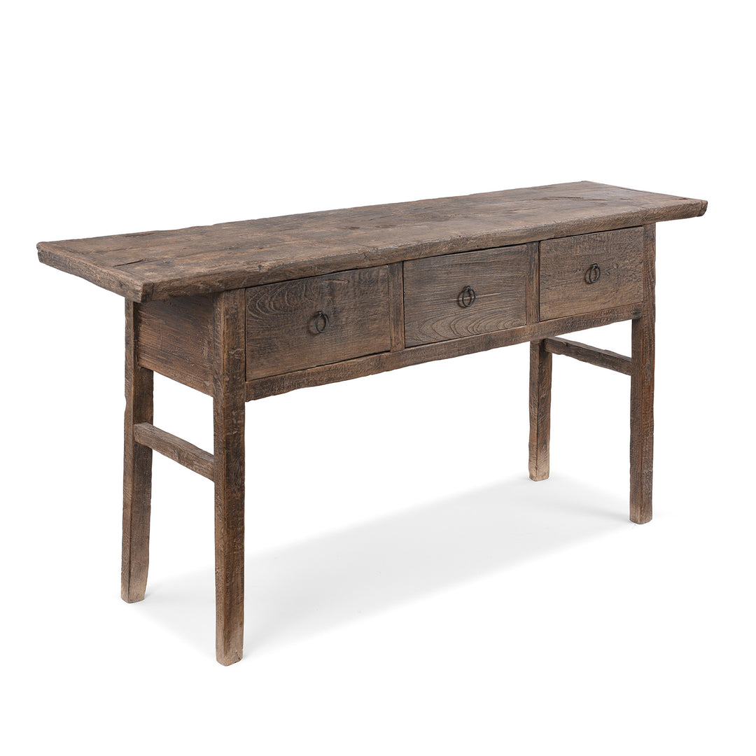 Angled View Of 19th Century Catalpa Wood Console Table From Shanxi With Three Drawers And Single Plank Top
