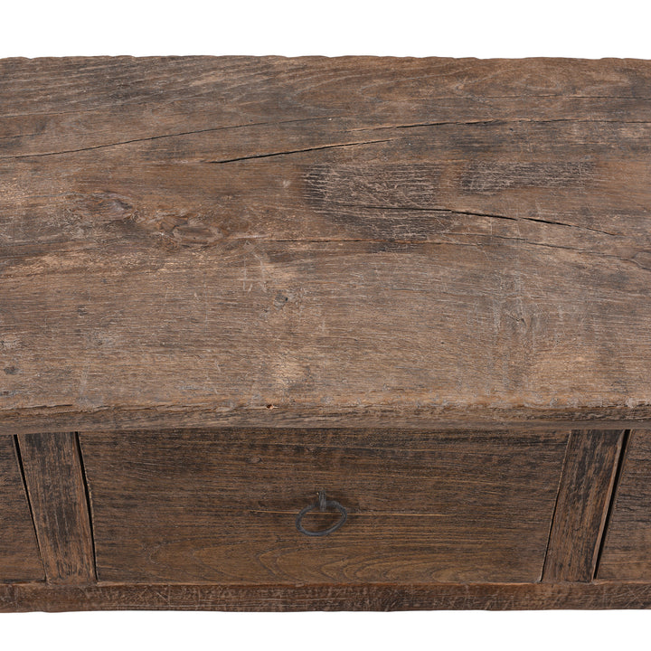 Surface Detail From 19th Century Catalpa Wood Console Table From Shanxi With Three Drawers And Single Plank Top