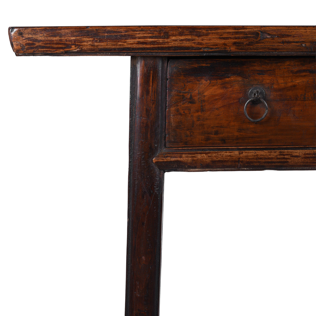 Corner Detail From 19th Century Chinese Walnut And Elm Three Drawer Console Table From Shanxi Province With Ring Pull Handles | Indigo Antiques