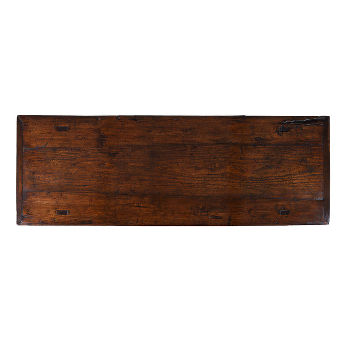 Top Down VIew Of  19th Century Chinese Walnut And Elm Three Drawer Console Table From Shanxi Province With Ring Pull Handles | Indigo Antiques