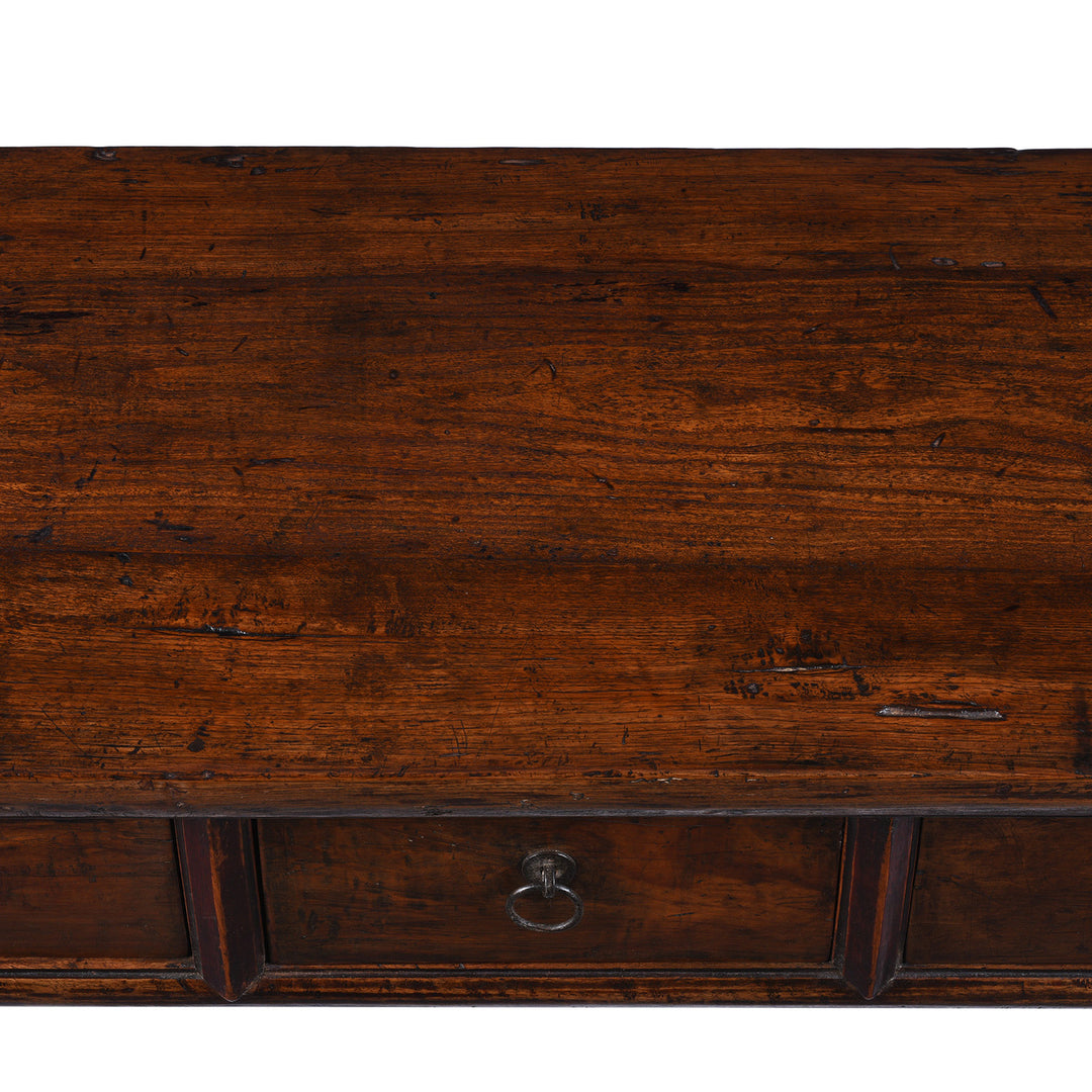 Surface Detail From Top Of  19th Century Chinese Walnut And Elm Three Drawer Console Table From Shanxi Province With Ring Pull Handles | Indigo Antiques