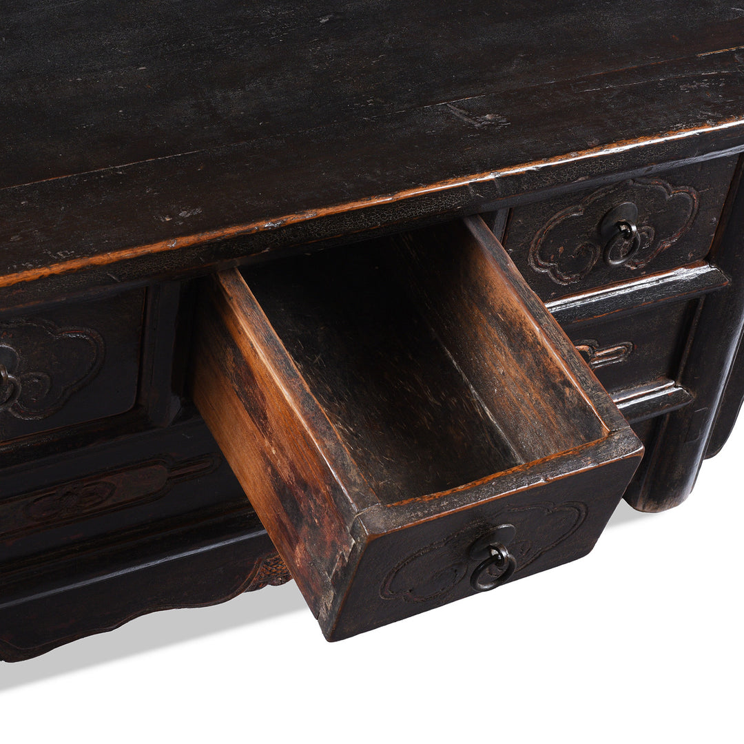 Drawer Detail From Mid 19th Century Black Lacquer Shanxi Kang Table With Three Drawers And Floral Carvings