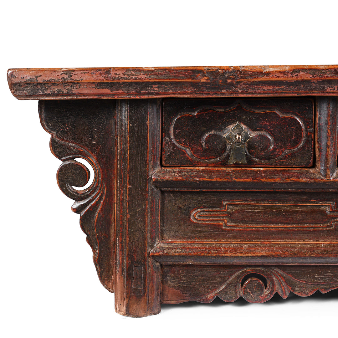 Corner Carving Detail From Carved Red Lacquer Elm Kang Table From Shanxi With Three Drawers