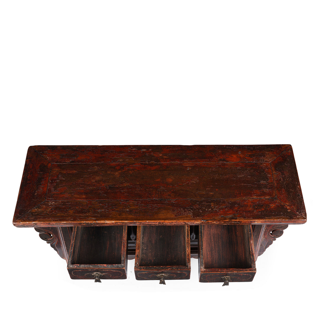 Top Down View Of Carved Red Lacquer Elm Kang Table From Shanxi With Three Drawers