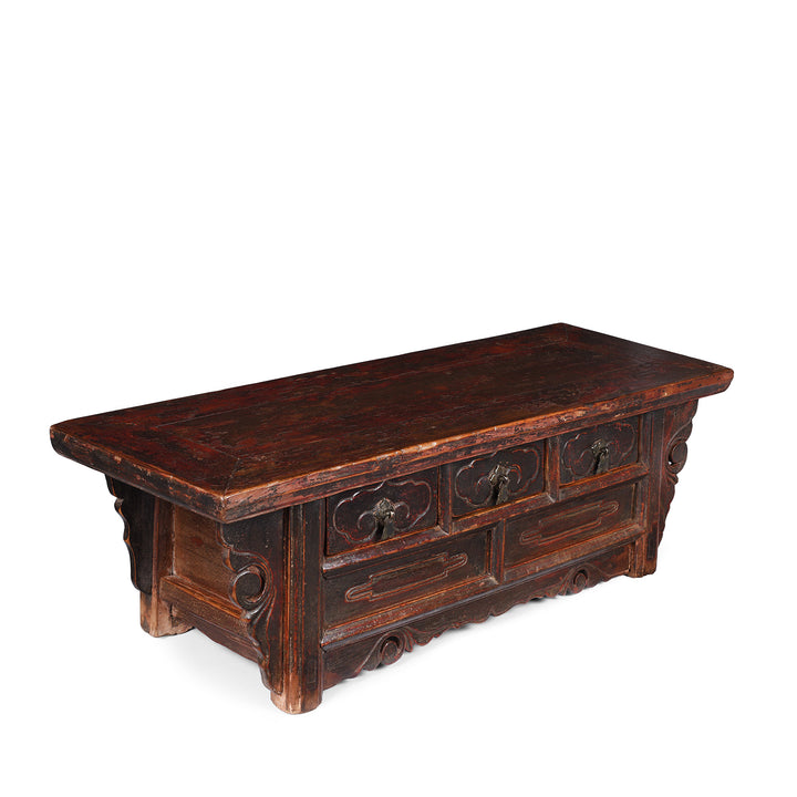 Angled View Of Carved Red Lacquer Elm Kang Table From Shanxi With Three Drawers